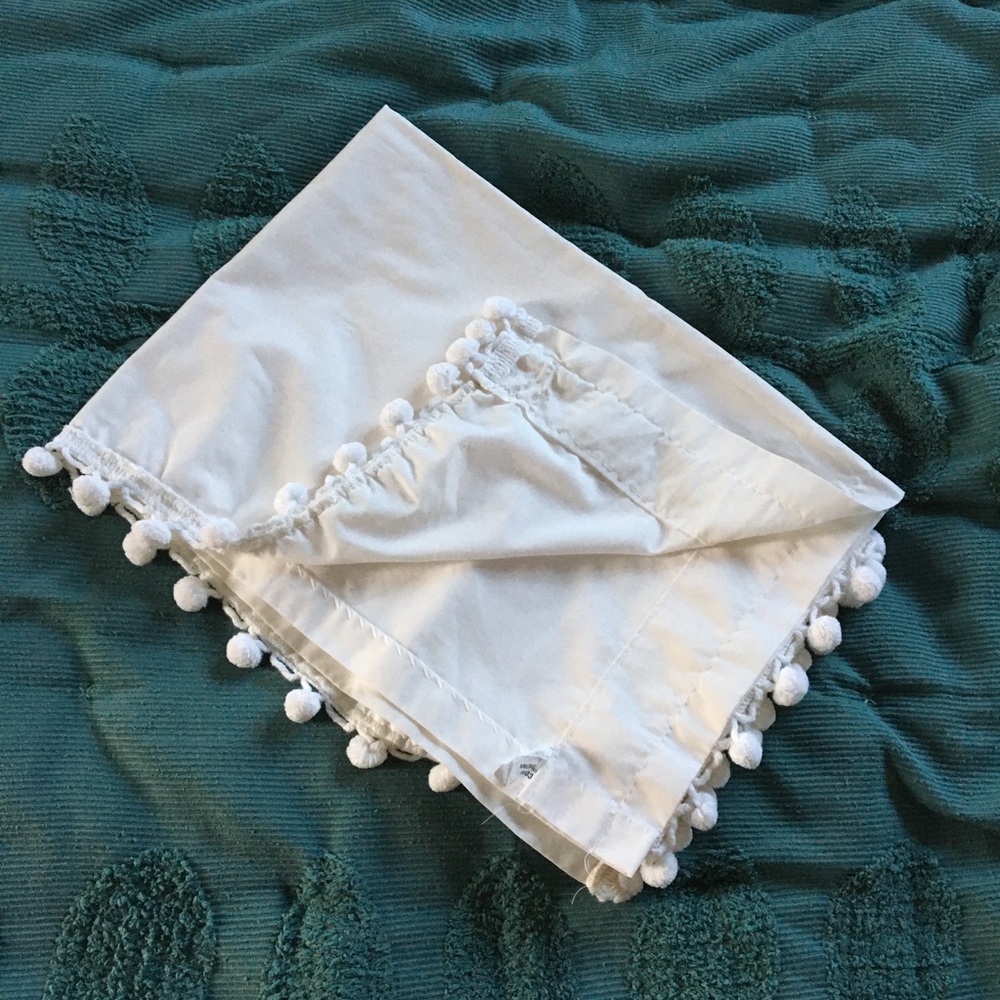 White Pom-Pom Trim Curtain Panel - Decorative Window Drapery